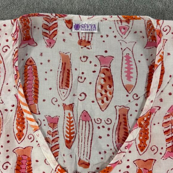 Sievya Coverup Swim Tunic Pink Fish Travel Resort Beach Drawstring Cotton - Picture 3 of 8